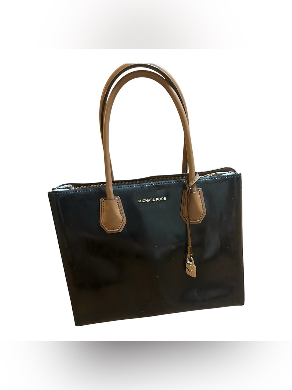Michael Kors Black Patent Tote with Brown Handles